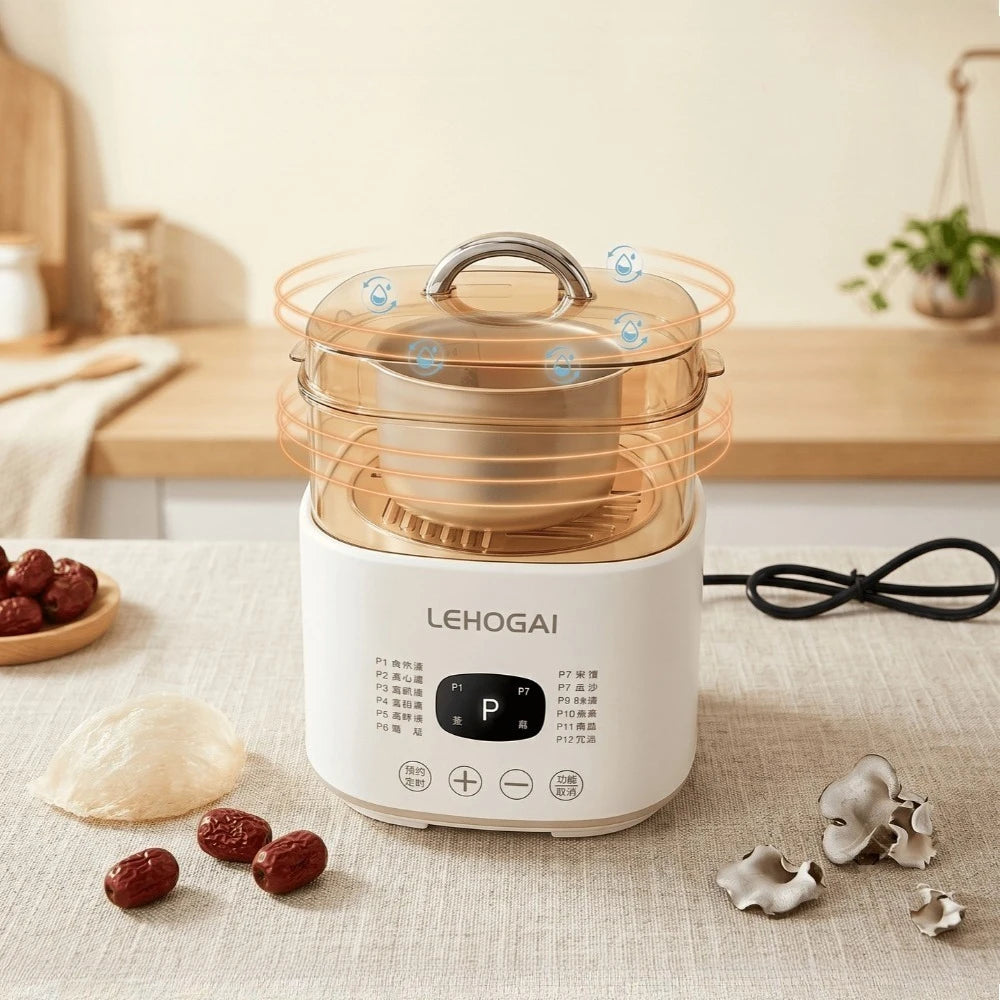 White egg steamer on countertop with transparent lid and heating control display