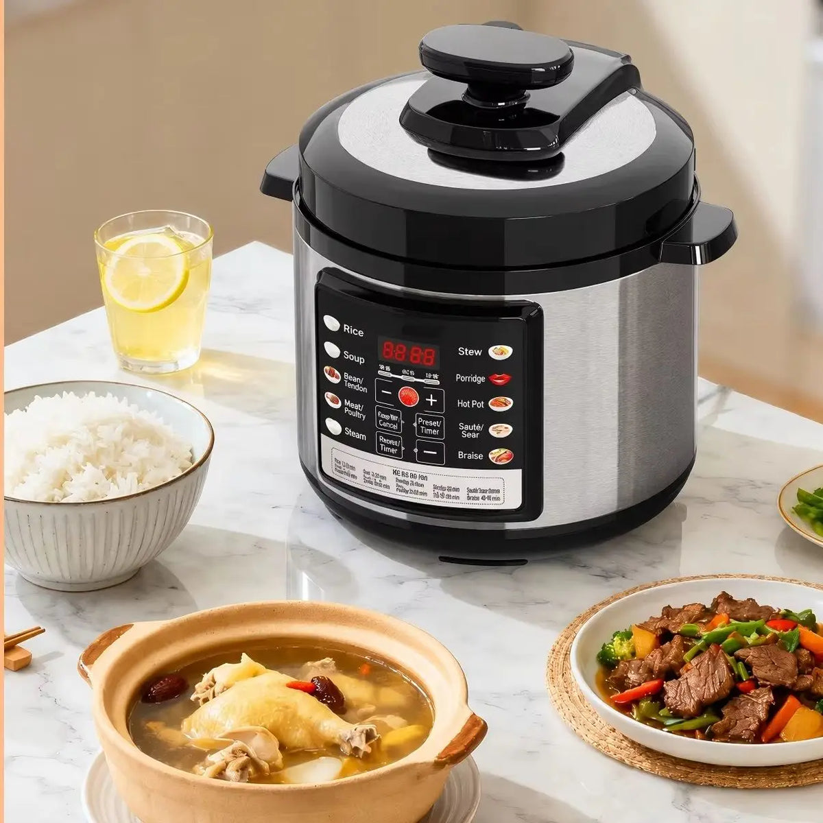 Stainless steel electric pressure cooker with black lid and control panel