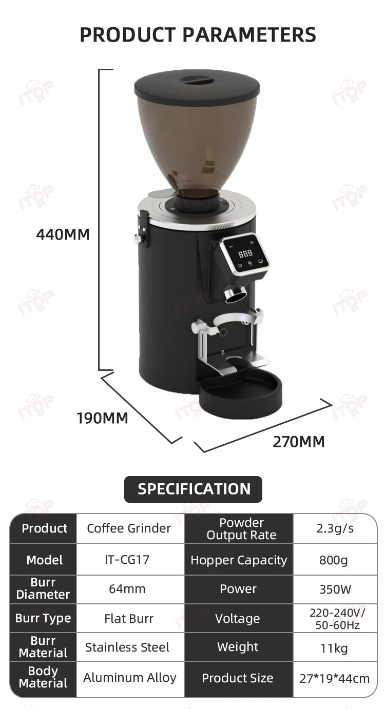 ITOP IT-CG17 black aluminum flat burr coffee grinder with 800g hopper and digital display.