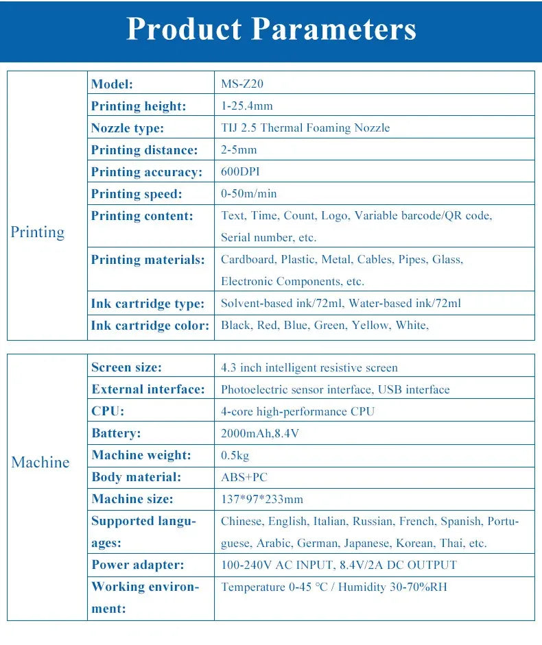 Printer specifications diagram with model, nozzle, printing speed, and ink details