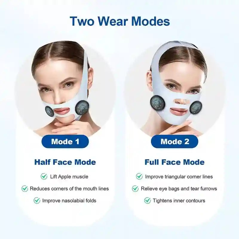 A white, silicone V-line facial lifting strap with detachable EMS massaging nodes shown in half and full-face modes.