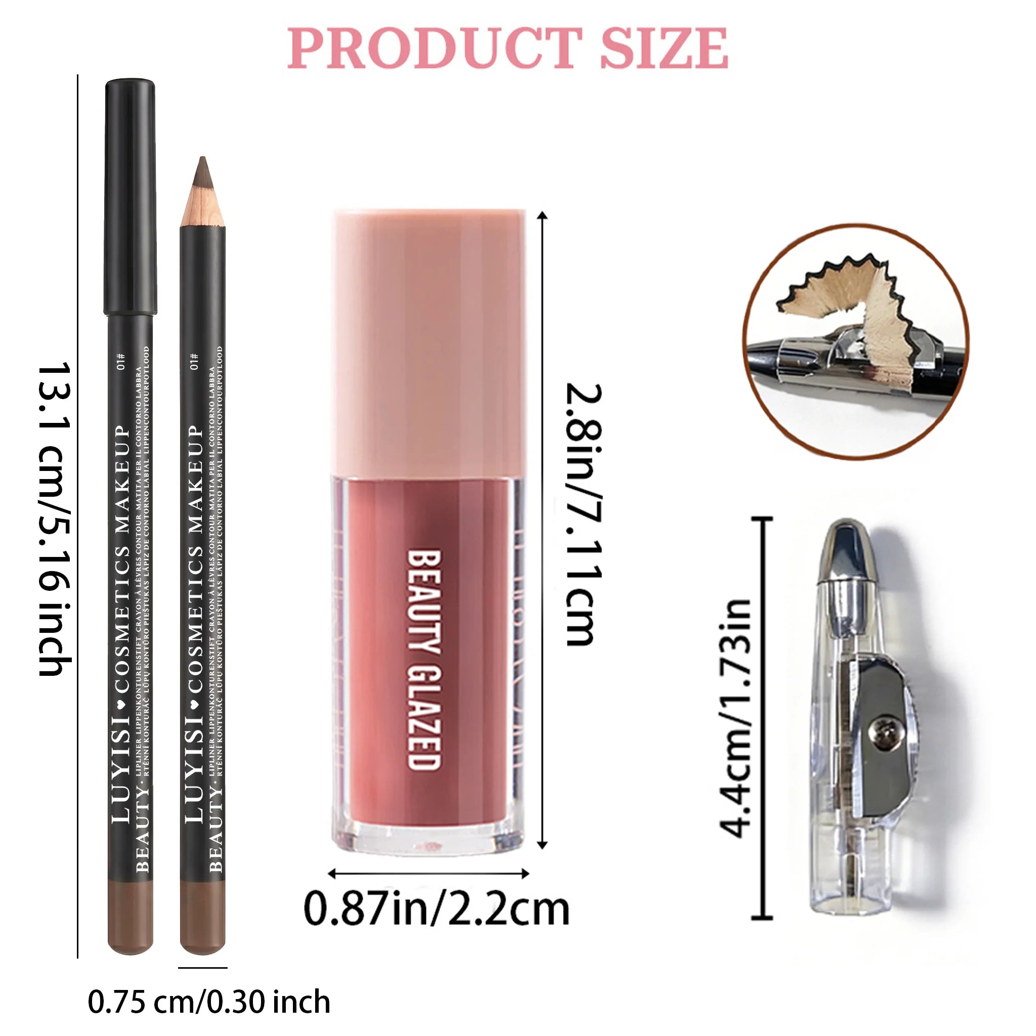 3pc lip makeup set: brown lip liner, smooth moisturizing nude lip gloss, and a metal pencil sharpener.