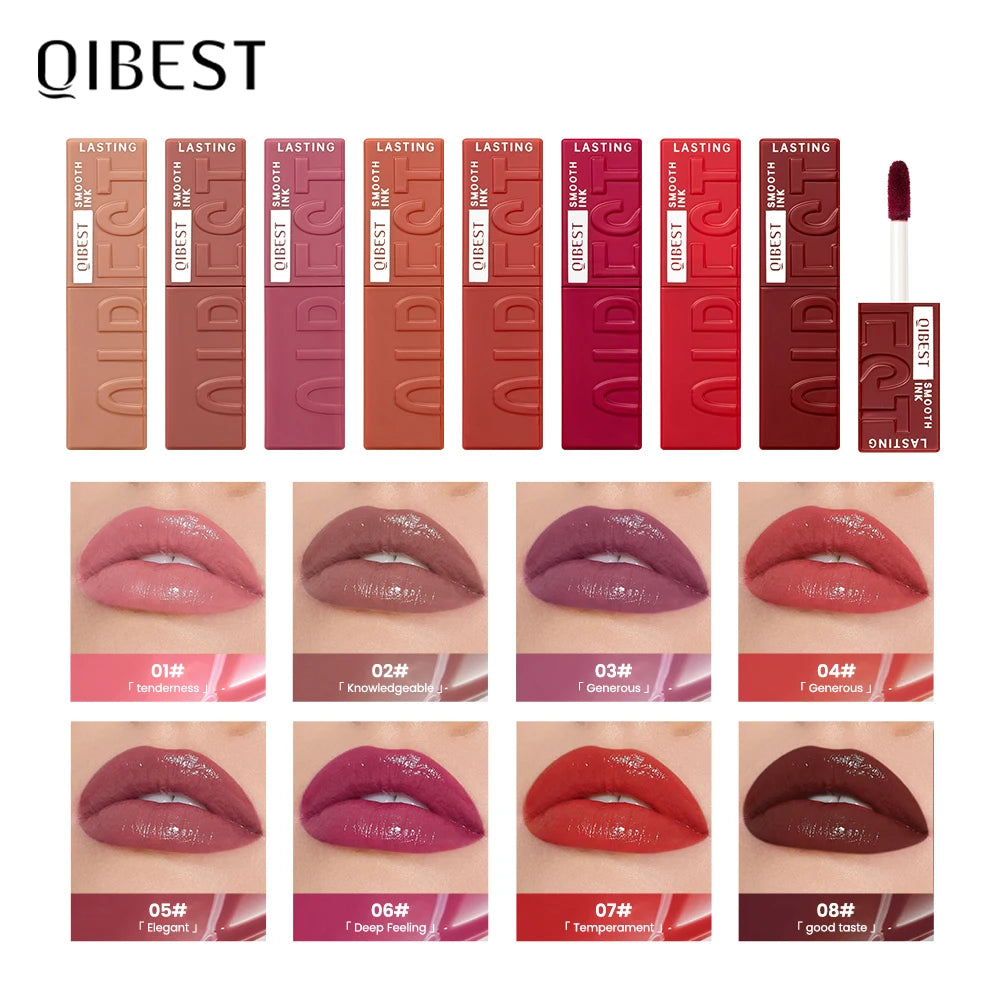 QIBEST glossy liquid lipstick set in 8 shades, featuring a moisturizing, long-lasting mirror finish for bold lip makeup.