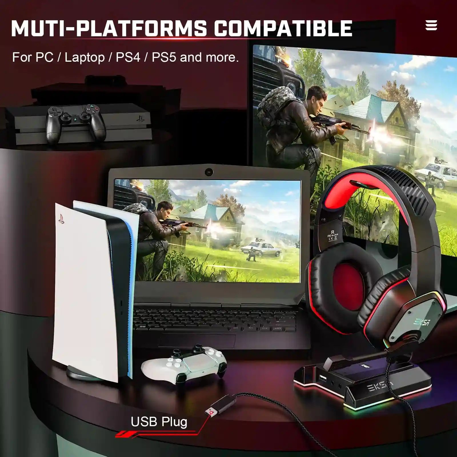 Wireless Gaming Headset with Mic - 7.1 Surround Sound for PC and PS5 Tidesmit