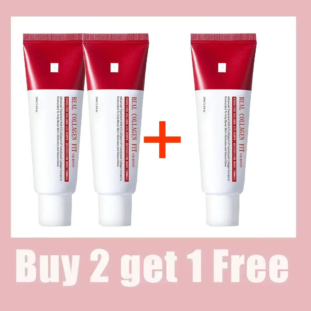 Real Collagen Fit 670,000ppm peel-off facial mask tubes for elastic, glowing glass skin. Buy 2 get 1 free deal set.