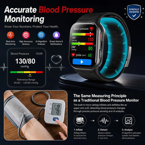 Black blood pressure smartwatch with pulse and BP graph shown on the screen