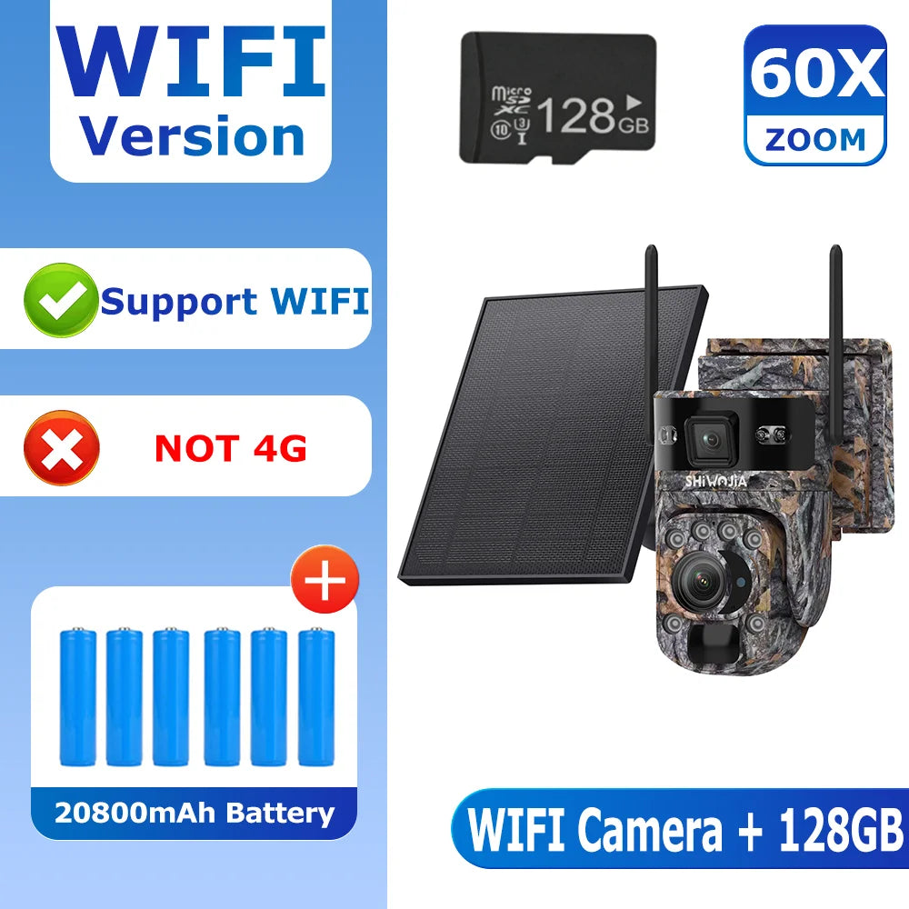 Camouflage outdoor WiFi security camera with solar panel and 128GB microSD card