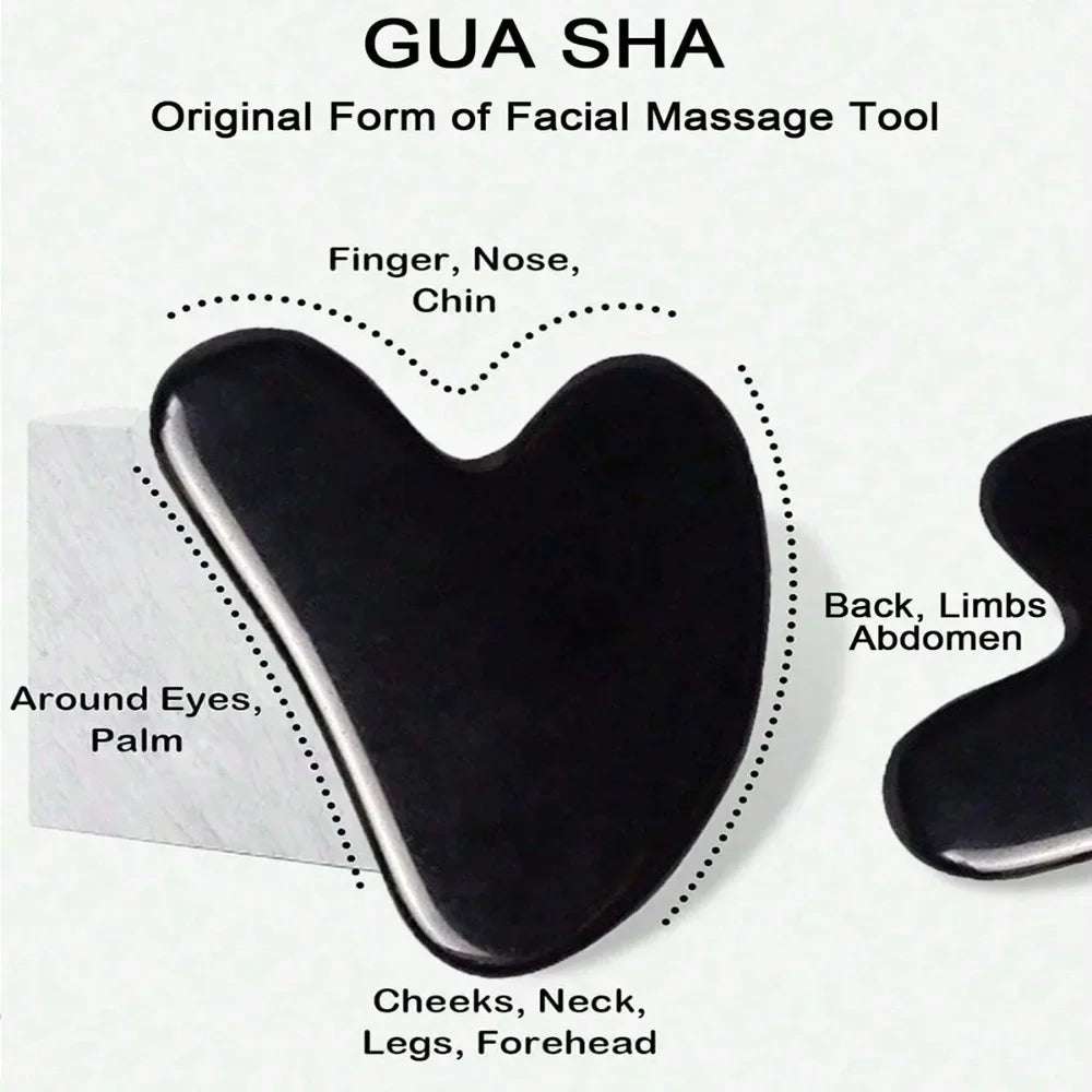 Black, heart-shaped Gua Sha massage tool with diagram labels showing application areas for face and body.