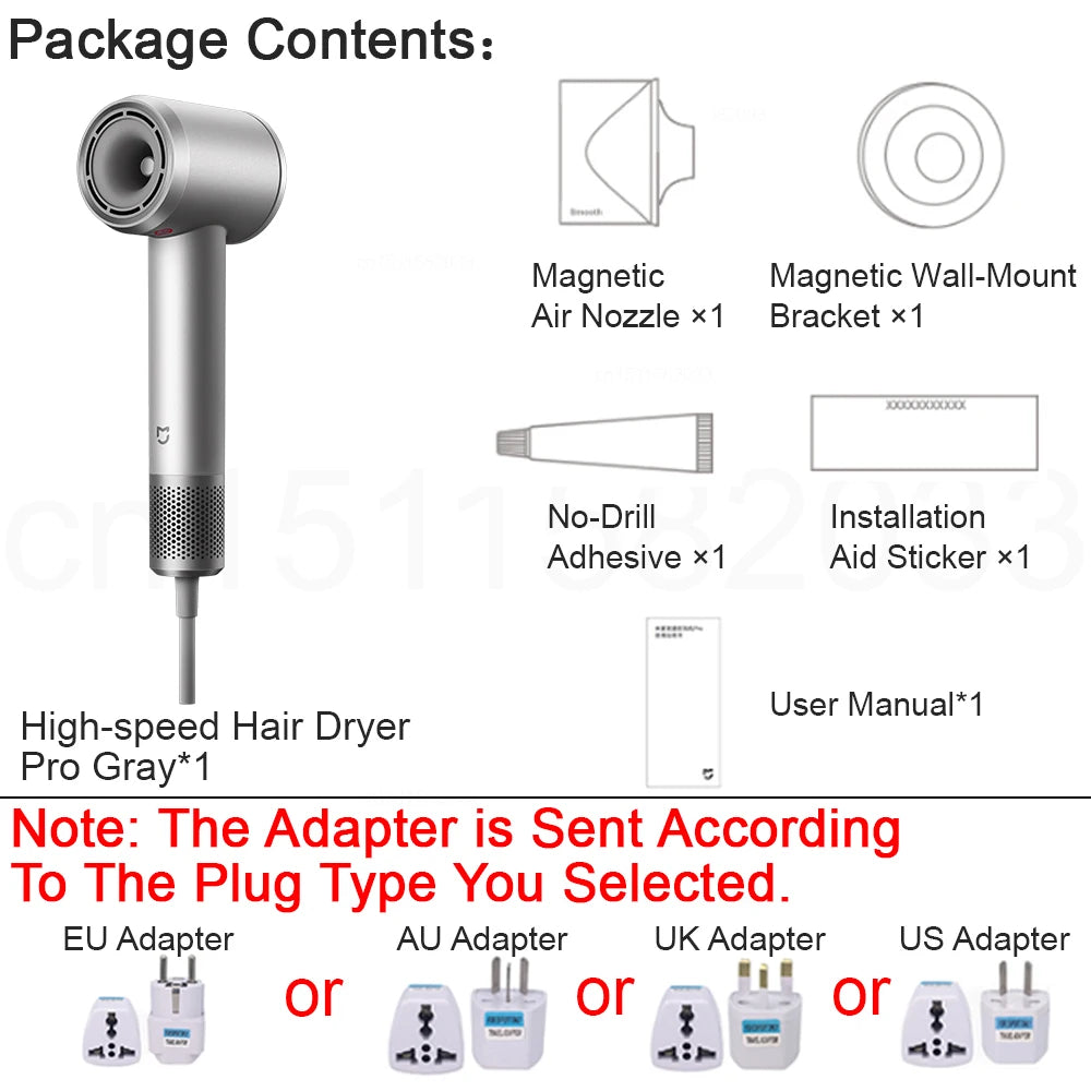 MIJIA High-Speed Hair Dryer Pro kit in gray with magnetic nozzle, wall mount, and various global plug adapters.
