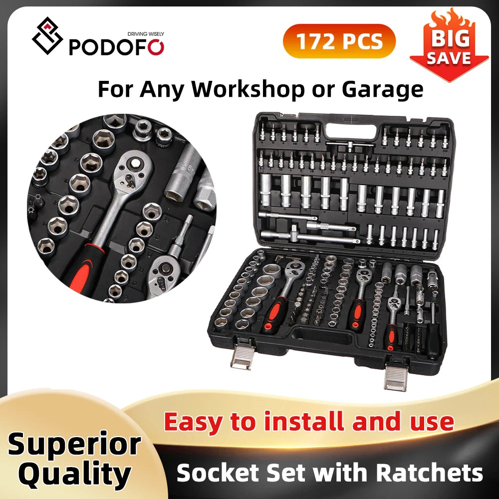 Podofo 172PCs 24-Tooth Socket Set Car Repair Tool Ratchet Spanner Wrench Set for Workshop or Garage 1/2-inch 3/8" and 1/4" Ratchet Wrench Tool Kit
