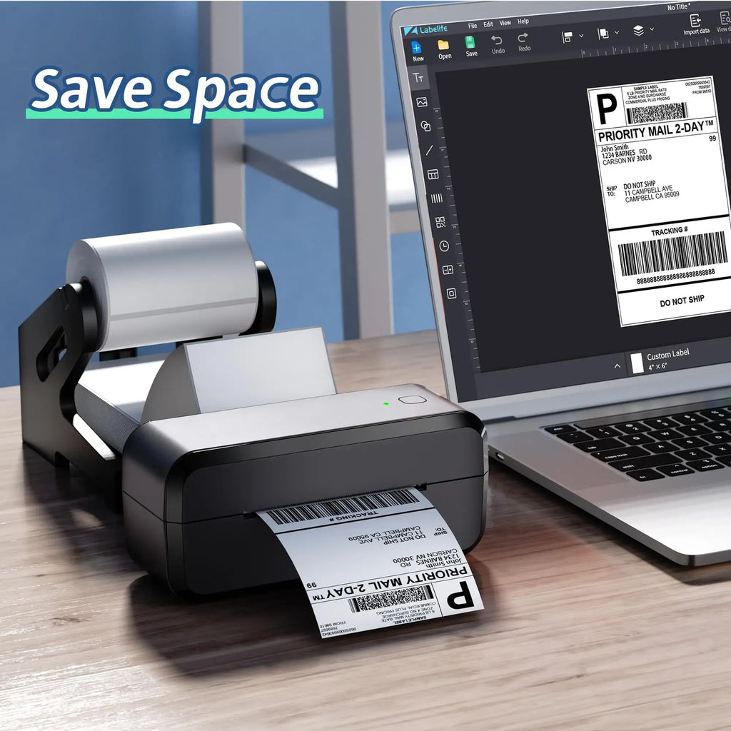 4x6 thermal label roll with barcode labels loaded in a desktop label printer