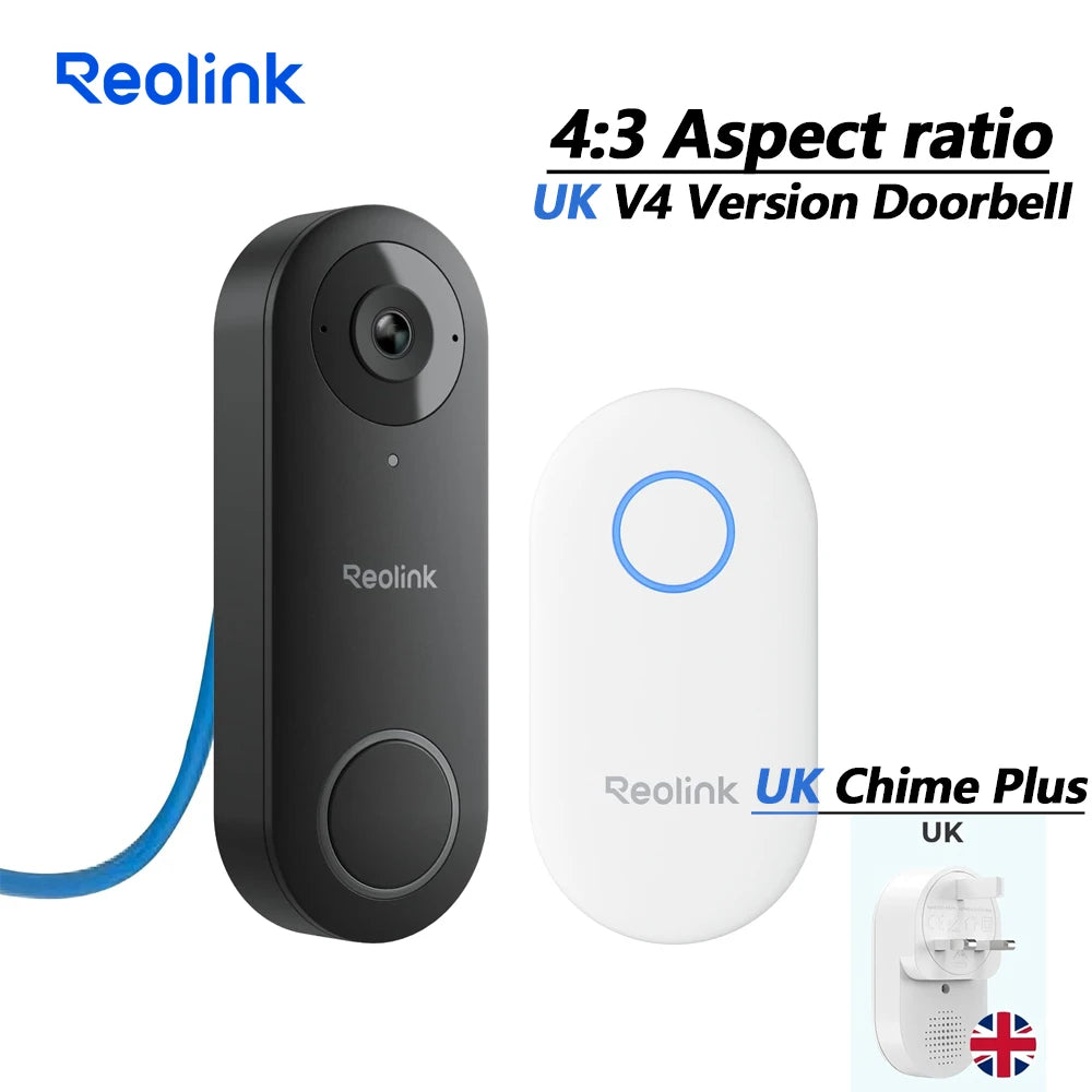 Black PoE video doorbell with UK Chime Plus (UK V4 version) and white chime unit