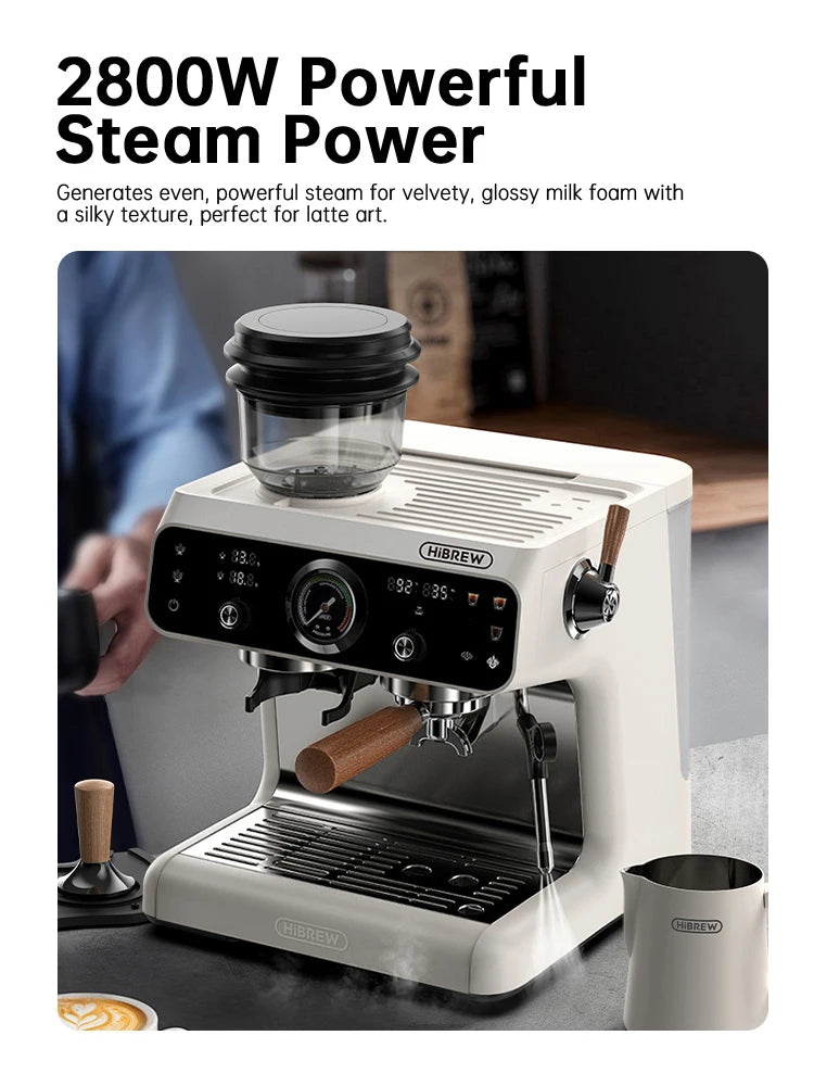 HiBrew white 2800W espresso machine with built-in grinder, digital display, pressure gauge, and wood-accent handle.