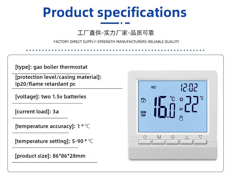 Wall-Mounted Boiler Thermostat, Wired Boiler Controller, Battery-Powered Intelligent Thermostat, Water Floor Heating Controller