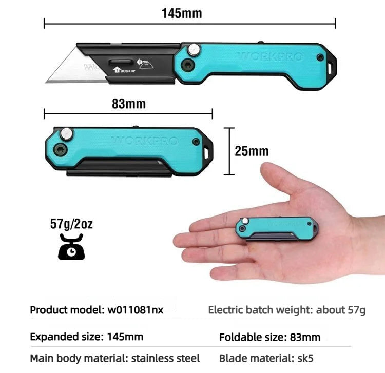 Workpro Folding Utility Knife Stainless Steel Quick Realse Pocket Knife with Belt Clip Sharp 10 blades Purpose DIY Cutting Tools