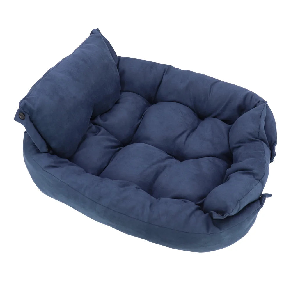 Cozy navy blue plush dog sofa bed for small to large pets, perfect for winter warmth and comfortable sleeping.
