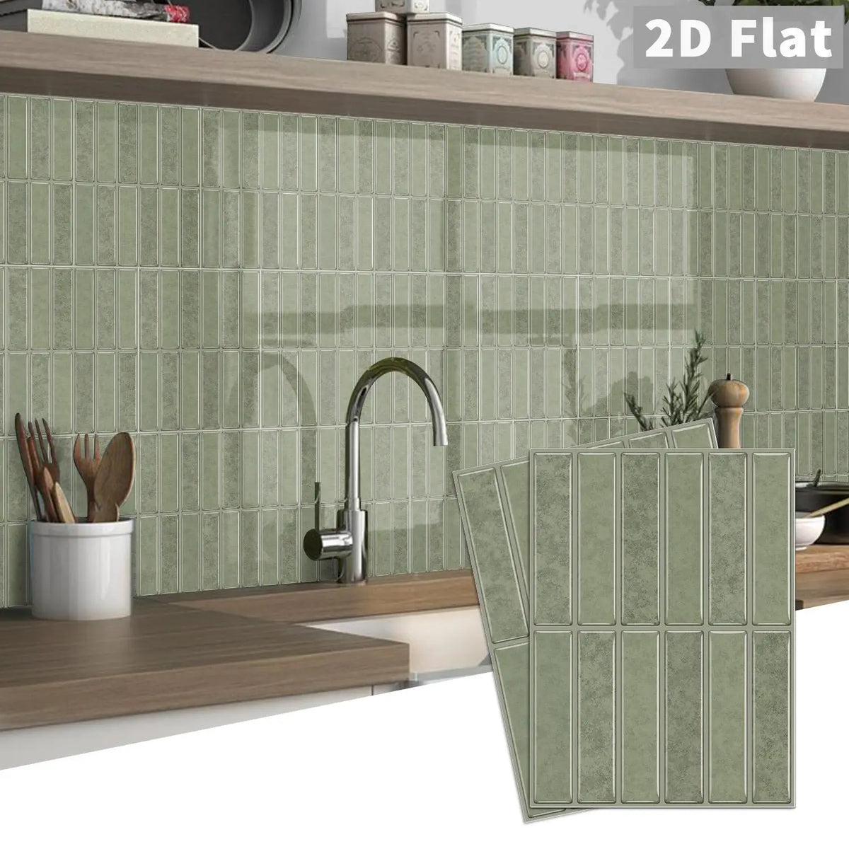 Self-adhesive tile decals, 2D flat grid sheet in sage green with clear grout lines