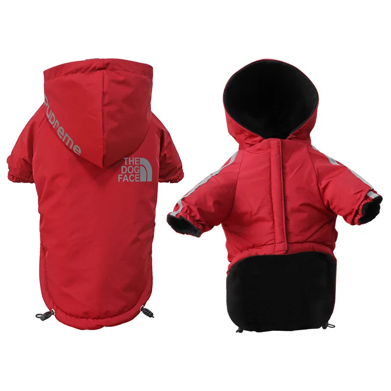 Red waterproof dog jacket with hood. Reflective, windproof winter snowsuit for small to large dogs. Warm pet raincoat.