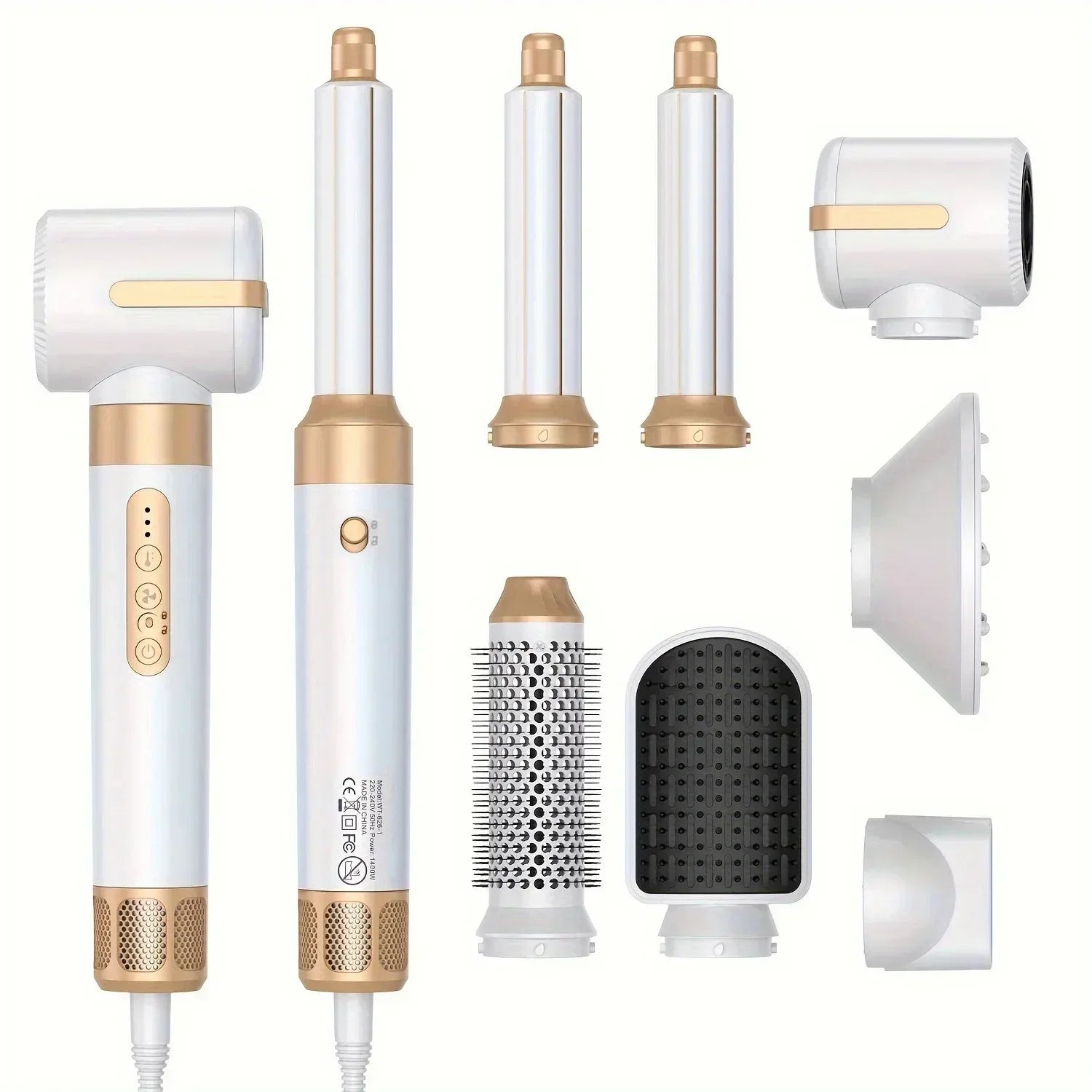 TINSOL 7-in-1 white and gold 1400W hair dryer set with curling iron, hot brush, and styling attachments.