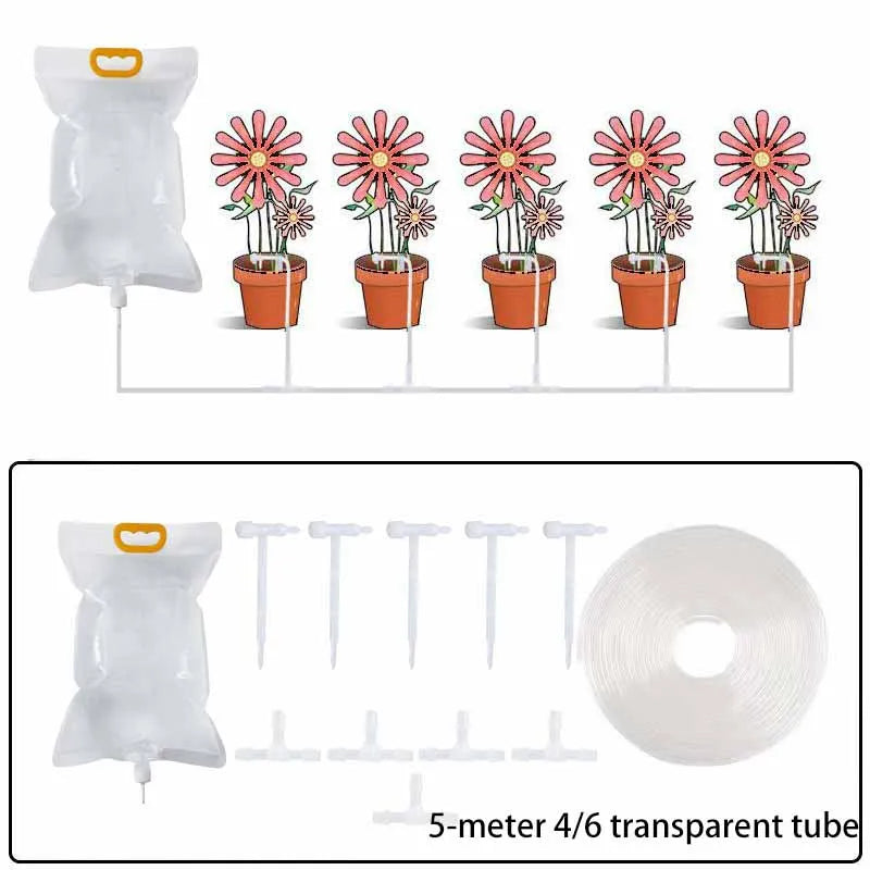 Automatic drip irrigation bag kit with 5 m transparent tube, stakes, and dripper regulators