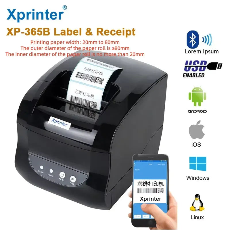 Xprinter XP-365B thermal printer for label and receipt printing