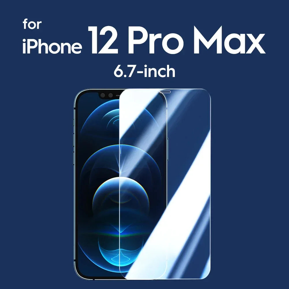 Clear glass screen protector for 6.7-inch iPhone 12 Pro Max, shown with a smartphone.