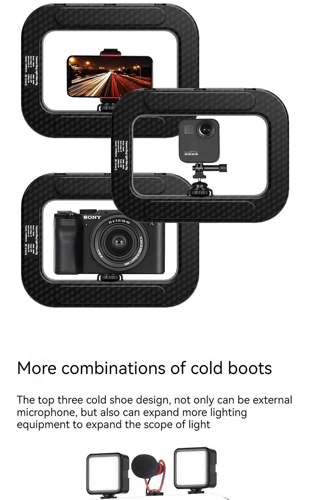 Rectangular black carbon-fiber camera ring light rigs for mounting smartphones, action cameras, and compact cameras.
