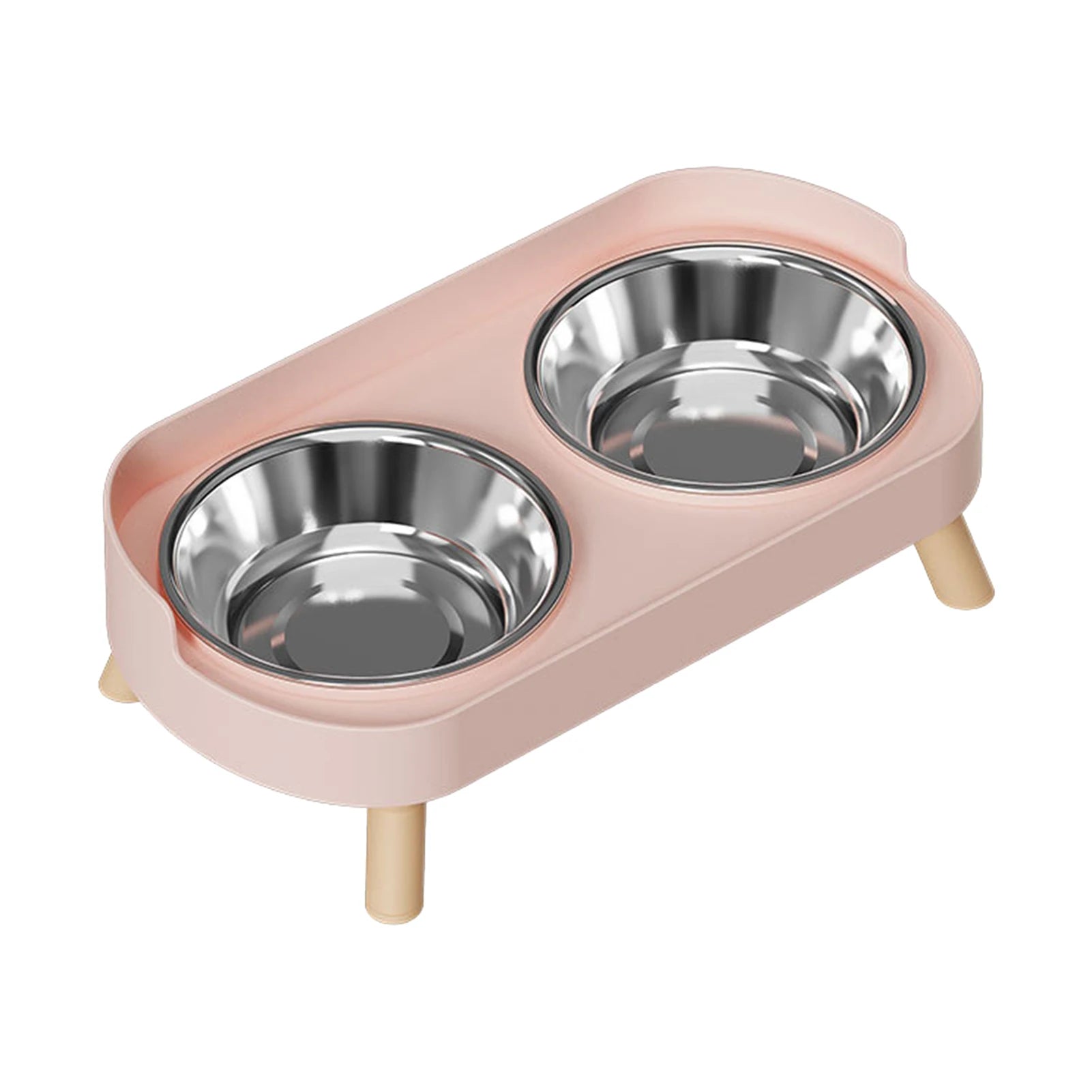 Elevated pink dual pet feeder with stainless steel bowls for anti-slip, ergonomic neck comfort for cats and dogs.