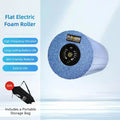 Blue electric foam roller with a central control panel for muscle recovery, plus a black portable storage bag.