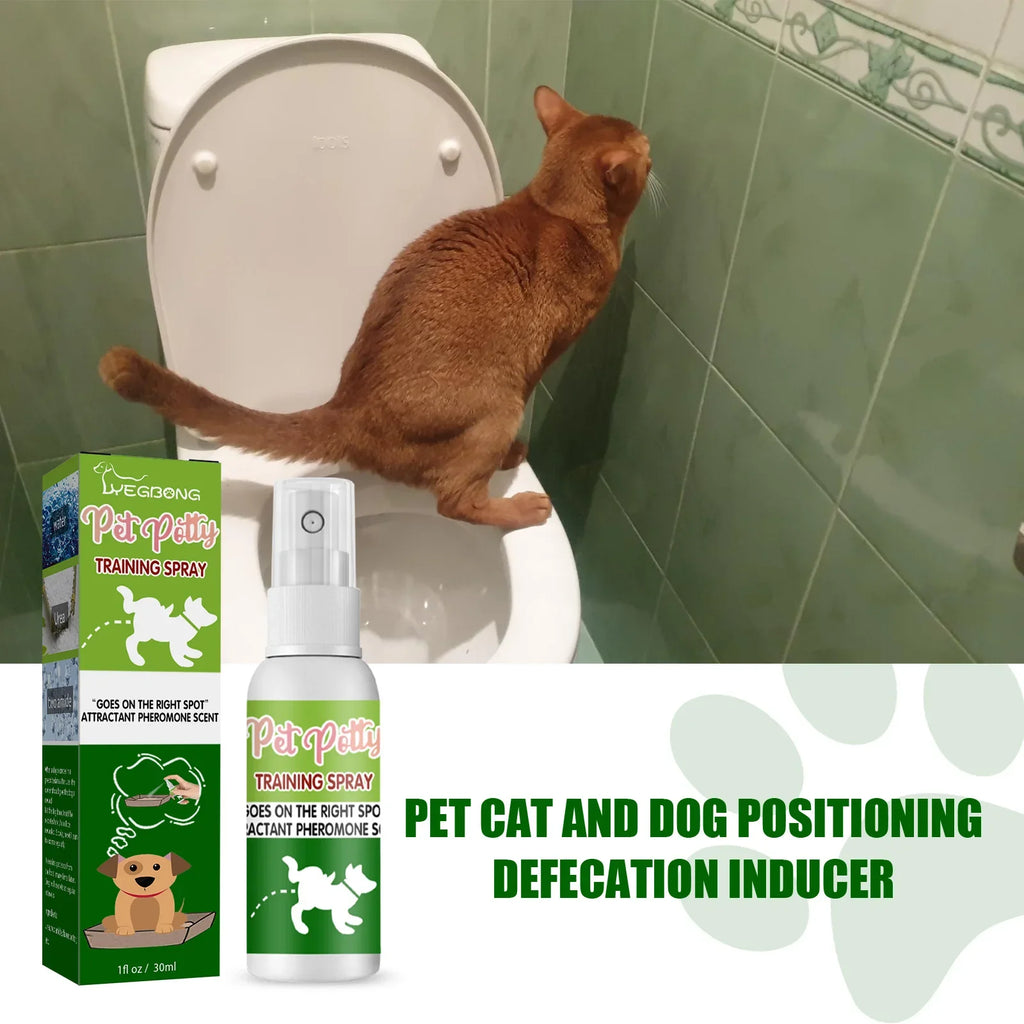 Pet potty training spray bottle with pheromone scent for easy cat and dog indoor toilet housebreaking.