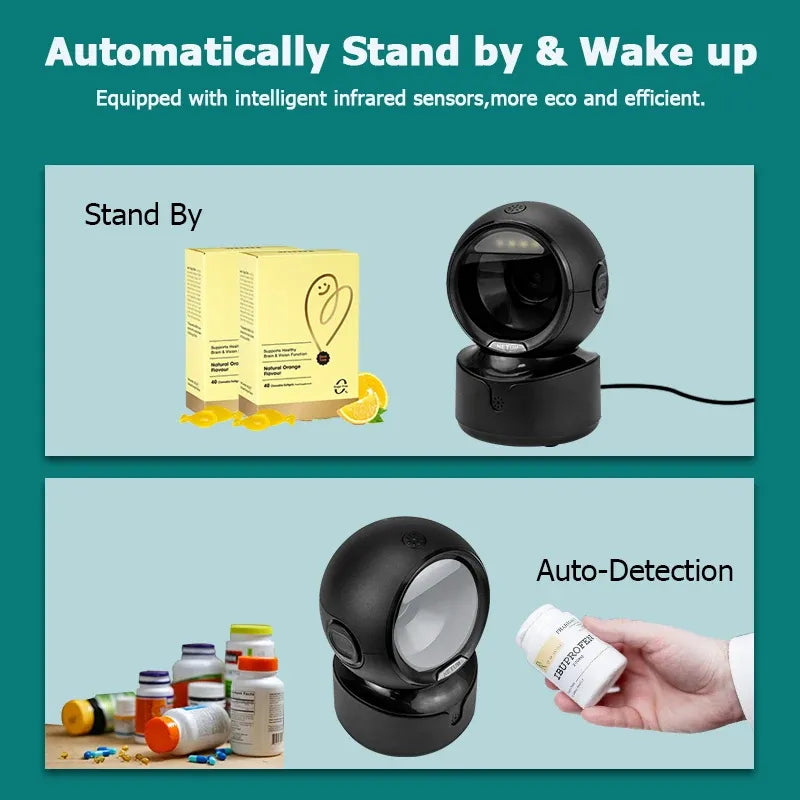 Black desktop barcode scanner with infrared sensor for auto-detection standby