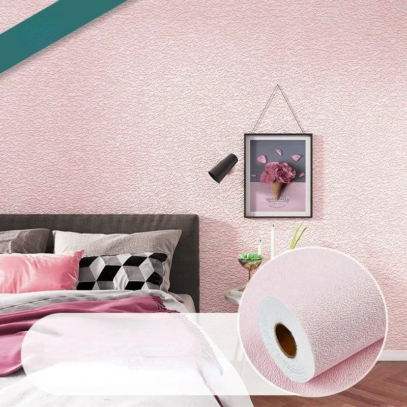 Self-adhesive linen-texture wall panel wallpaper in pale pink, shown on a bedroom wall