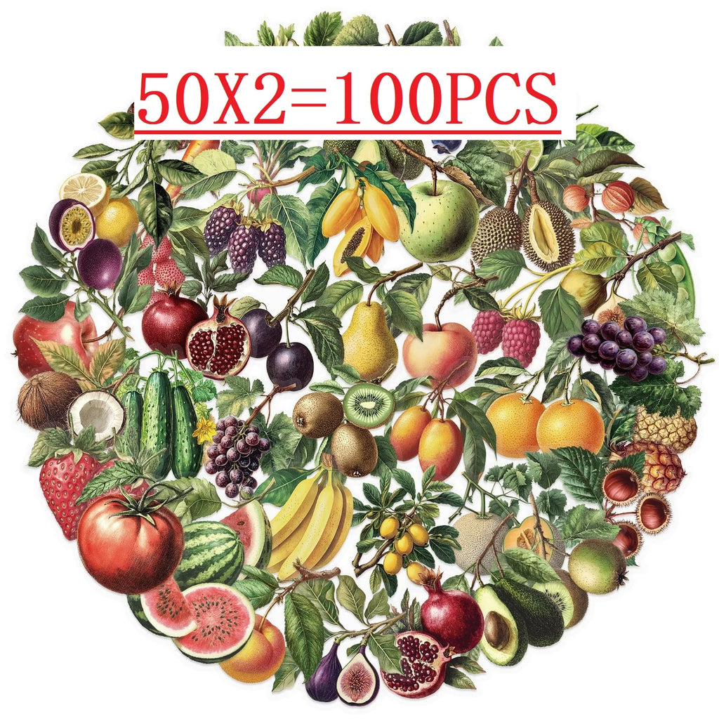 50/100PCS Transparent PET Retro Fruit Sticker Pack Waterproof Notebook Pen Holder Decoration Guitar Notebook Stationery Stickers