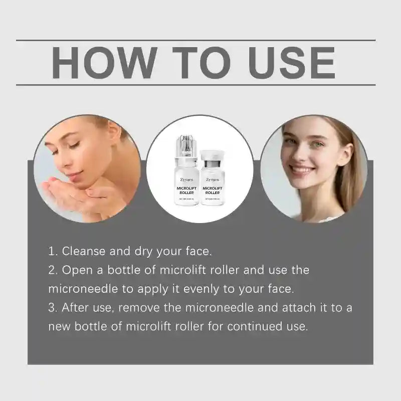 Instructions for Radiant Flawless Skin microneedle serum kit, showing two bottles, face cleansing, and application.