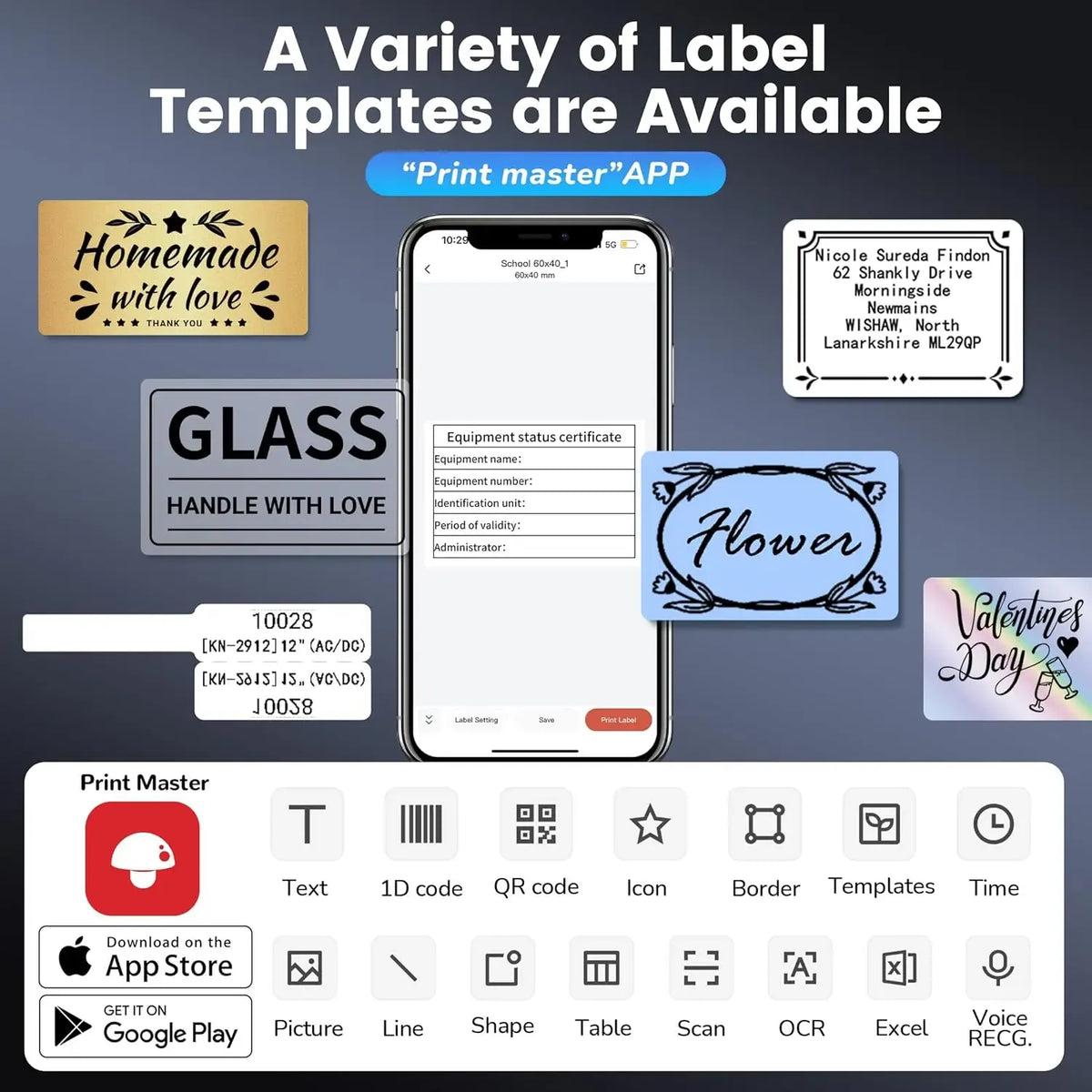 Thermal label printer with sample labels including glass, flower, and thank you designs
