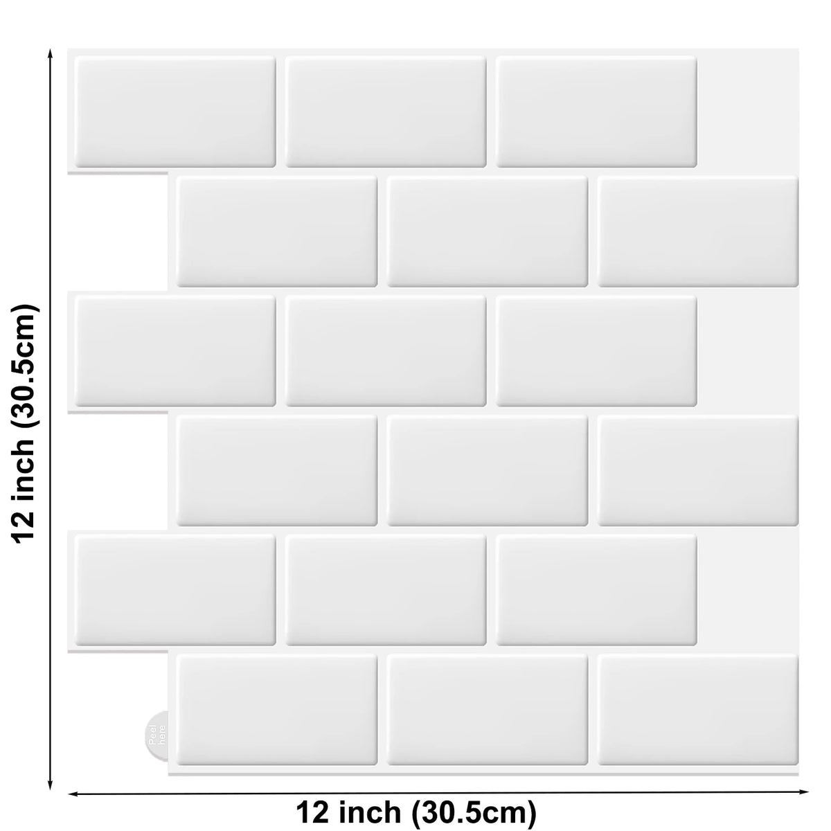 Self-adhesive white brick-look vinyl wall tile sheet, 12x12 inch size view