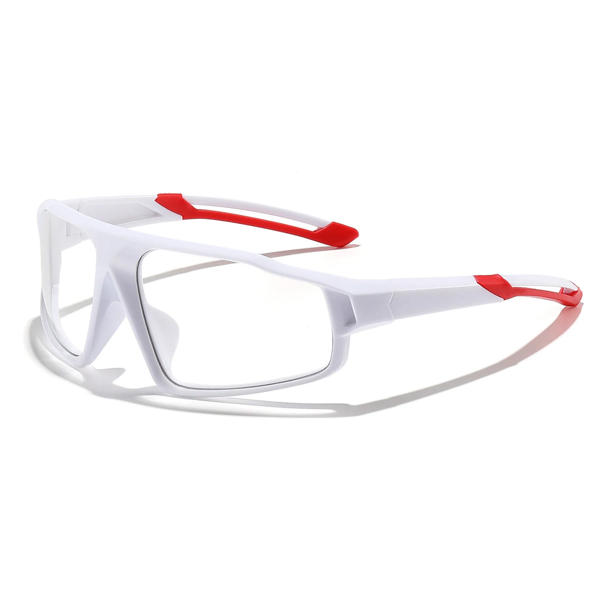 White sports photochromic eyewear with red highlights and clear lenses
