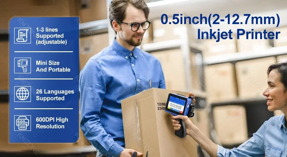 Portable handheld inkjet printer with small footprint, held while packing cardboard boxes