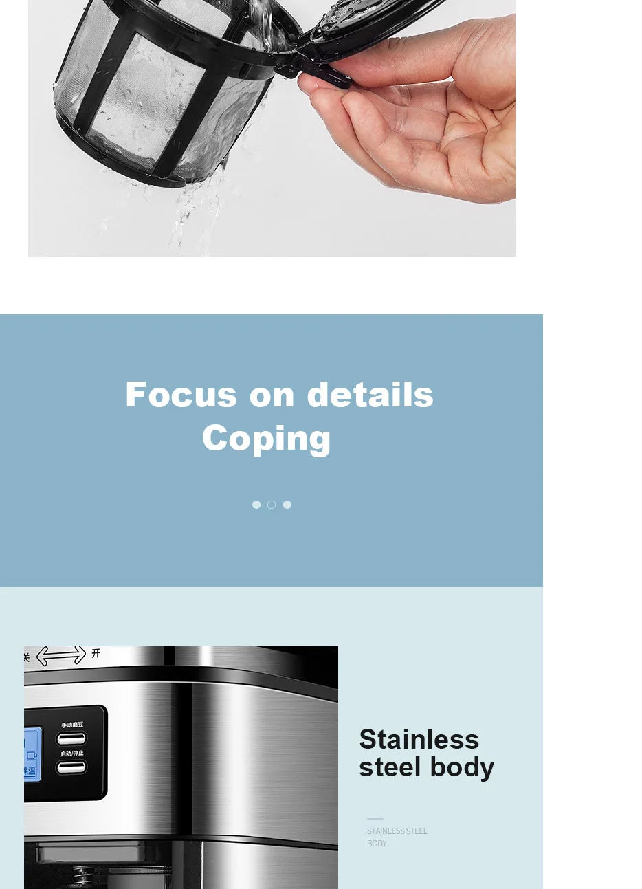 Close-up of a stainless steel coffee maker showing the removable black filter basket being rinsed under water.