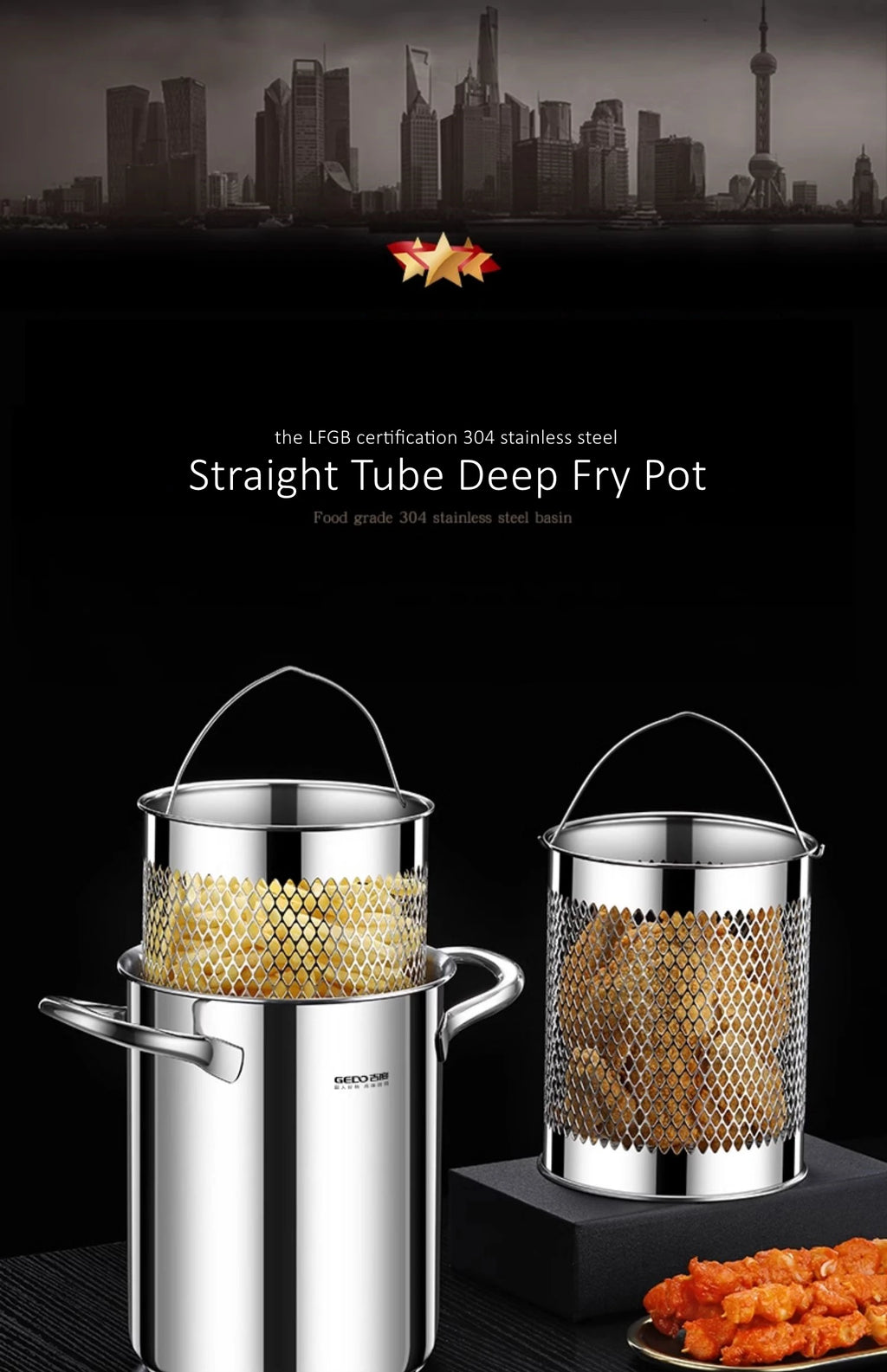 LFGB Certificated Pure 304 Stainless Steel Deep Fryer Oil Save Potato Chip Frying Pot Vegetable Noodle Stewing Pot with Strainer