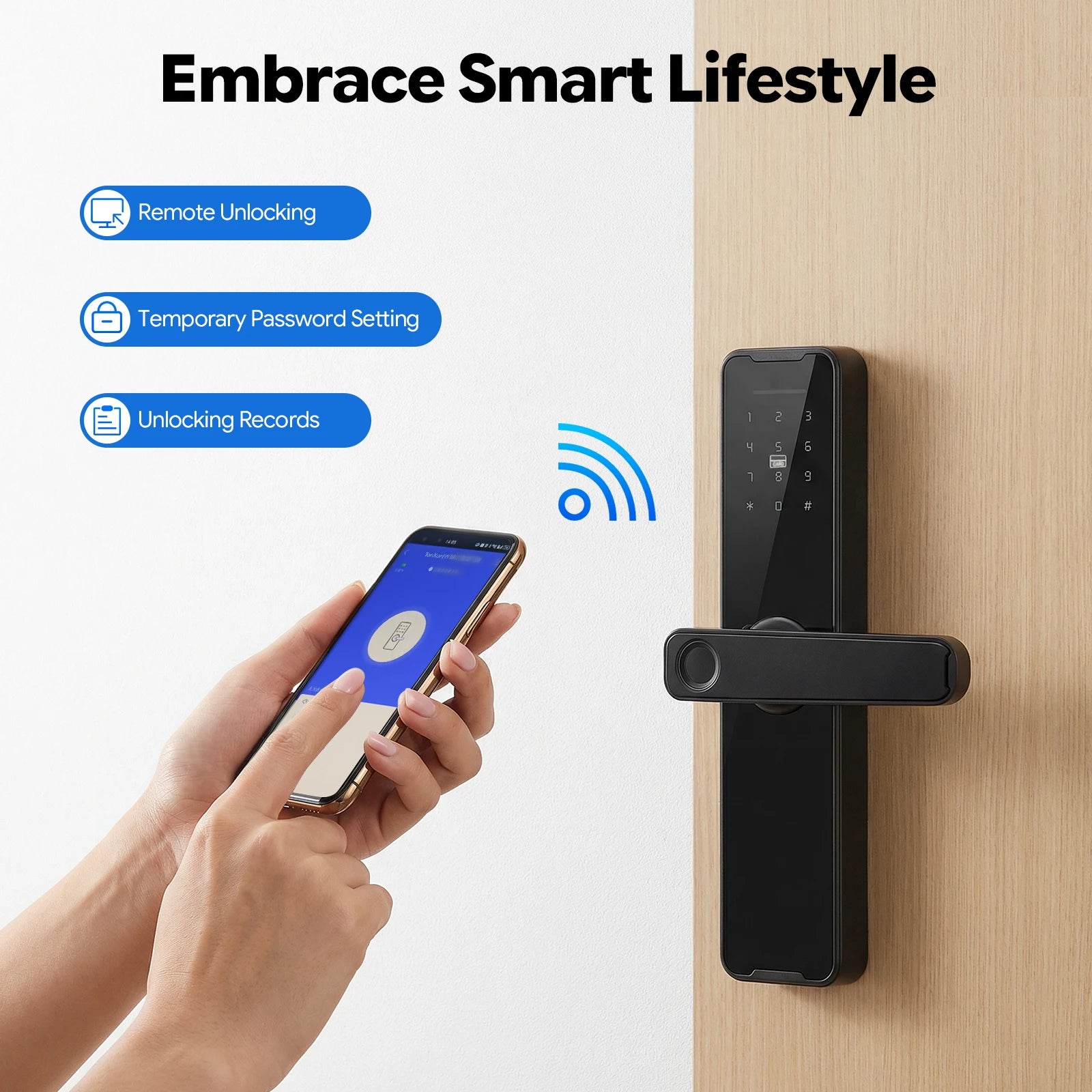 Smart Door Lock WiFi Tuya APP Fingerprint Keyless Entry Door Lock W/50 Fingerprints, 100 Passwords, Key & Temporary Password