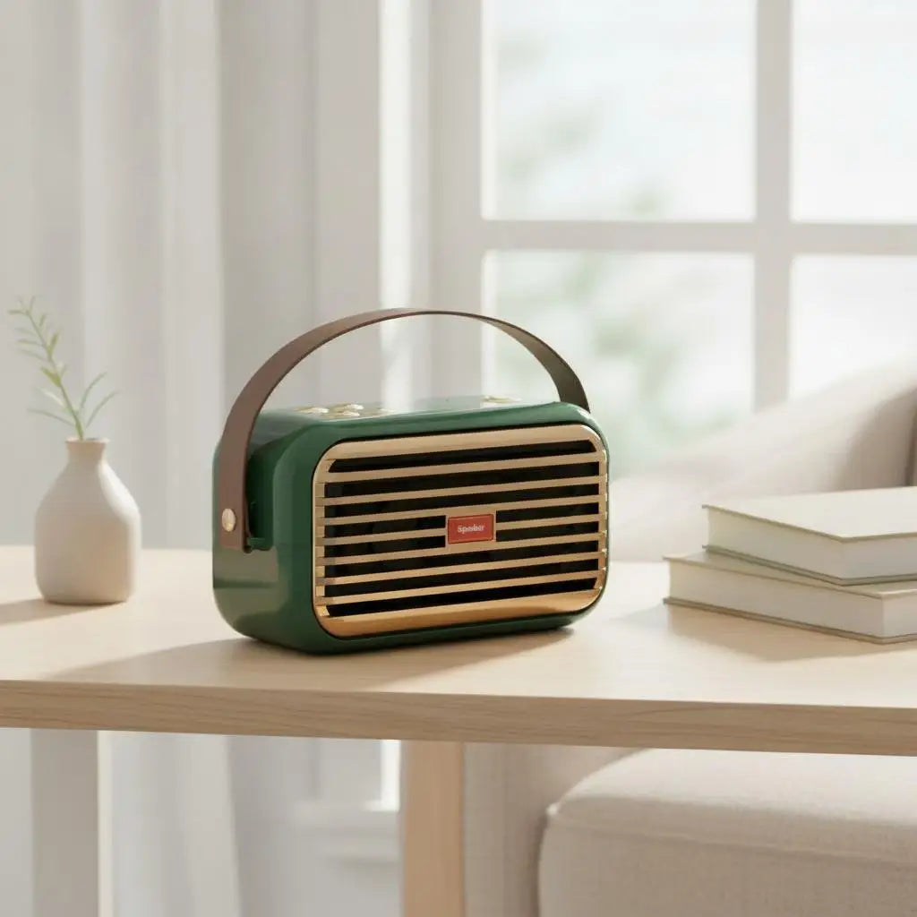 Portable Bluetooth speaker, green with brown handle on a table beside books and pillows.