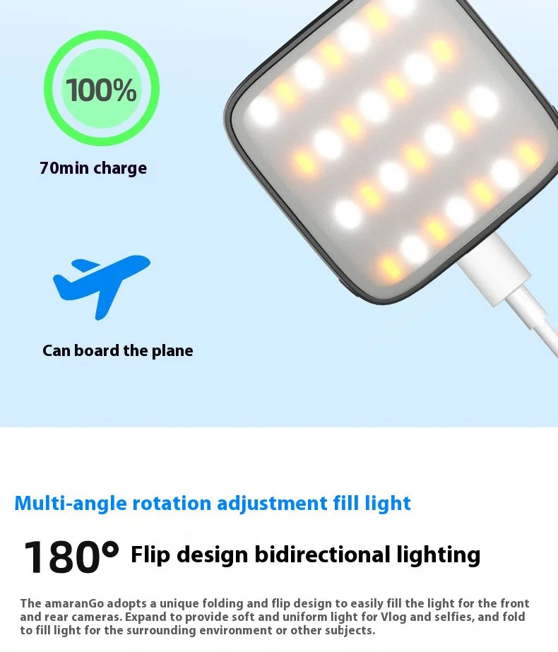 Square LED fill light with mixed warm and cool bulbs, USB-C charging, and a 180-degree folding design for selfies.