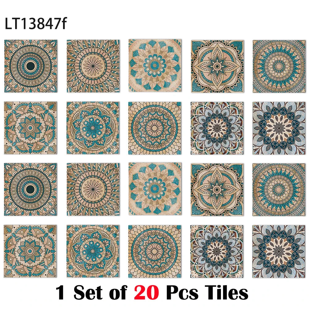 Glossy boho tile stickers set of 20, teal and tan mandala floral circle square patterns