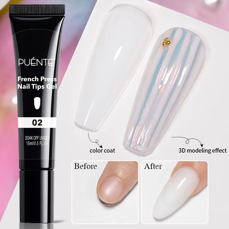 15ml tube of clear French Press Nail Tips Gel for UV/LED nail extensions, featuring a before and after application.