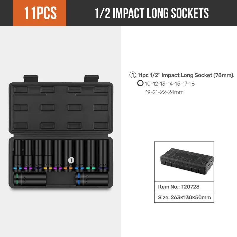 11-piece 1/2 impact long socket set in black case with multicolor-ring sockets