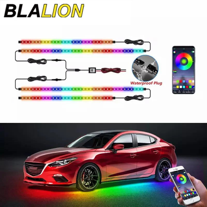 Multicolor LED light strips for car underglow, controlled via smartphone app, featuring waterproof connectors.