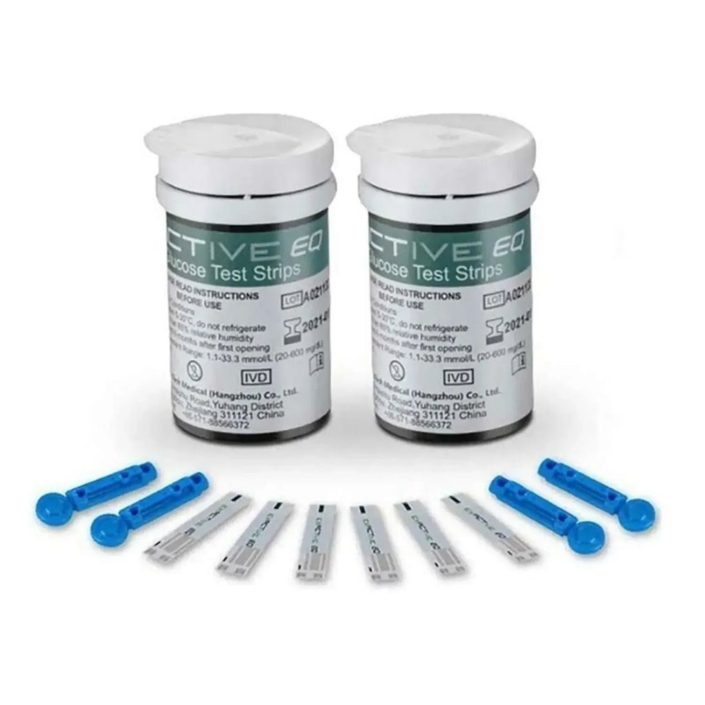 Exactive EQ Glucose test strip vials with blue lancets and diabetes testing strips for blood sugar monitoring.