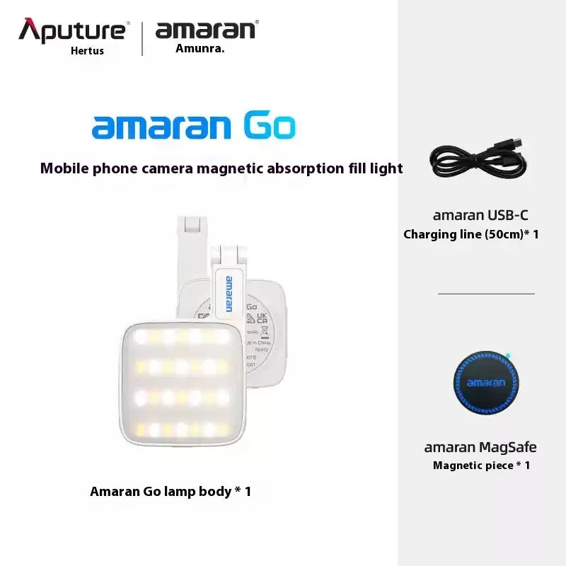 Amaran Go magnetic mobile phone fill light with white square lamp, USB-C cable, and round magnetic mounting ring.