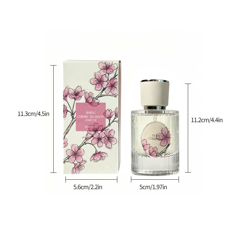 Oriental Cherry Blossom perfume for women with floral sakura design box and clear glass bottle with white cap.